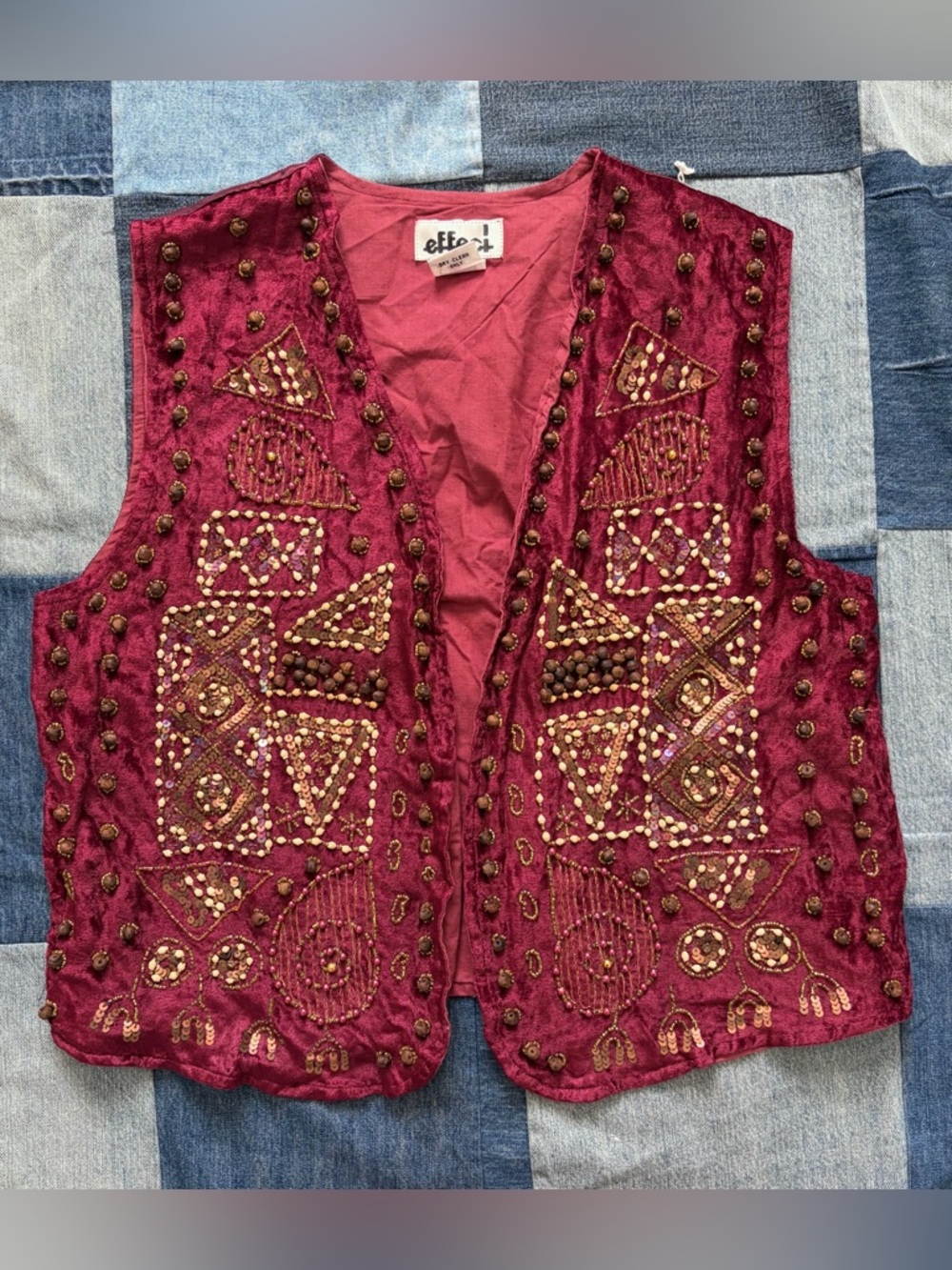 VTG effeci 90s Red Velvet Vest Beaded Sequined Bohemian Embellishment Size L